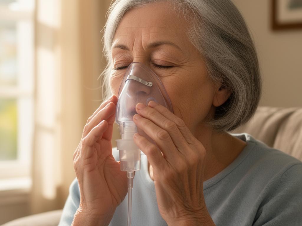 Therapist coaching an elderly man through breathing exercises with a nebulizer at home