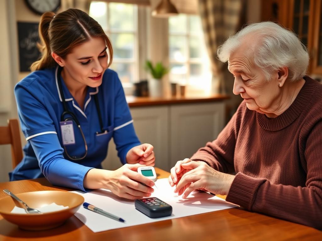 Nurse teaching an elderly patient how to use a glucometer at home