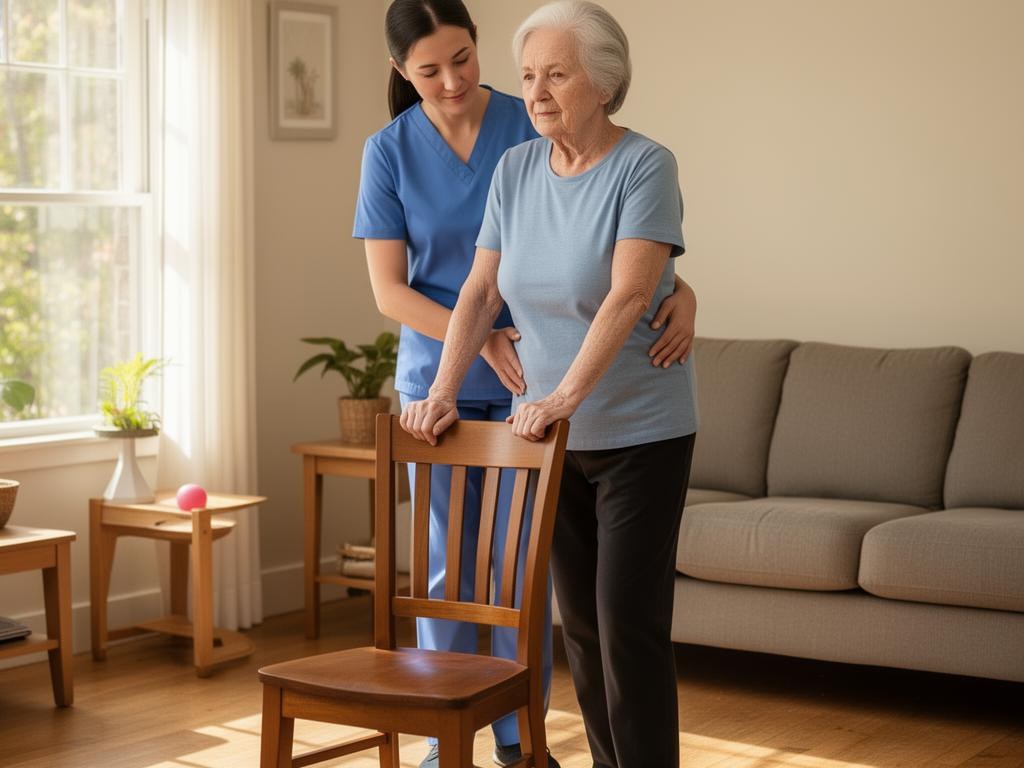 Physical therapist guarding an elderly woman during balance training at home