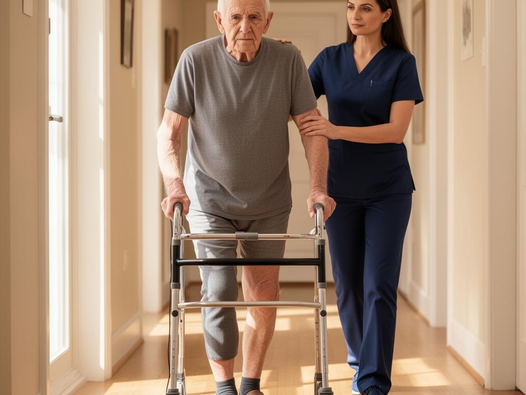 Physical therapist assisting an elderly post-knee-replacement patient walking with a walker