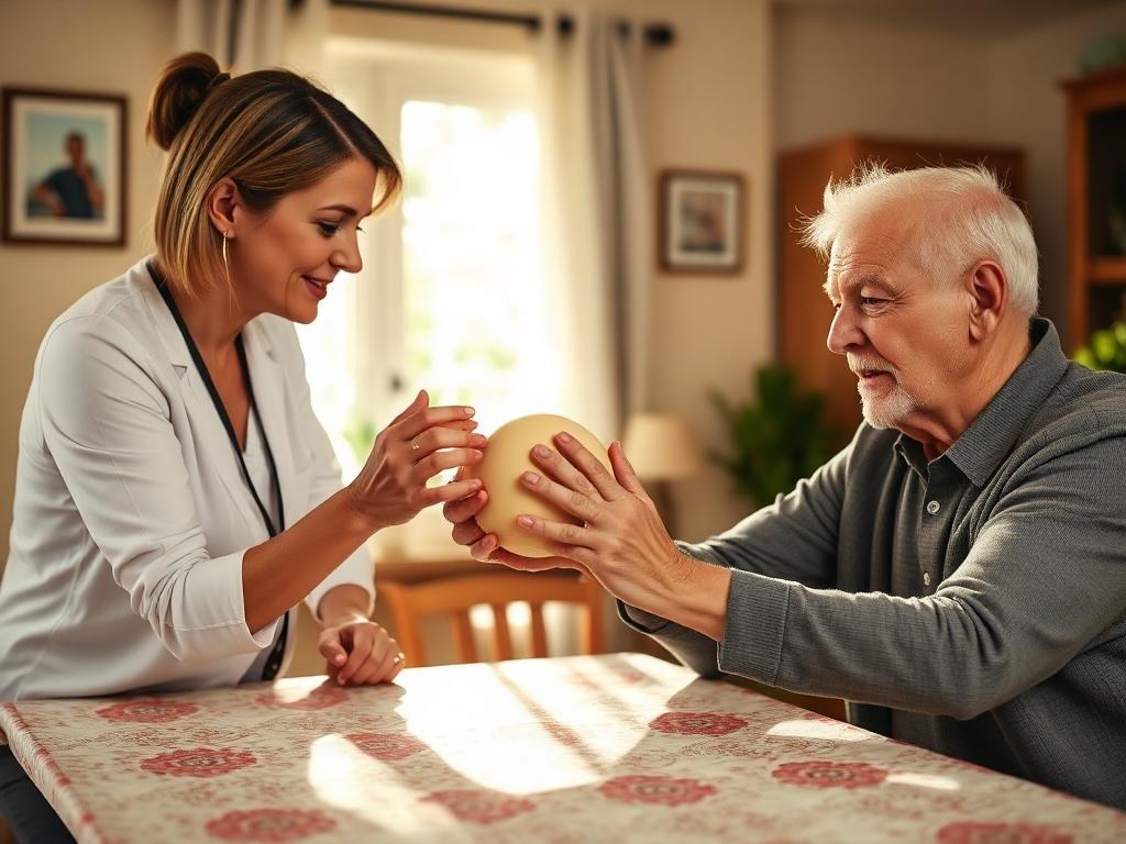 Therapist guiding an elderly stroke survivor through upper-extremity exercises
