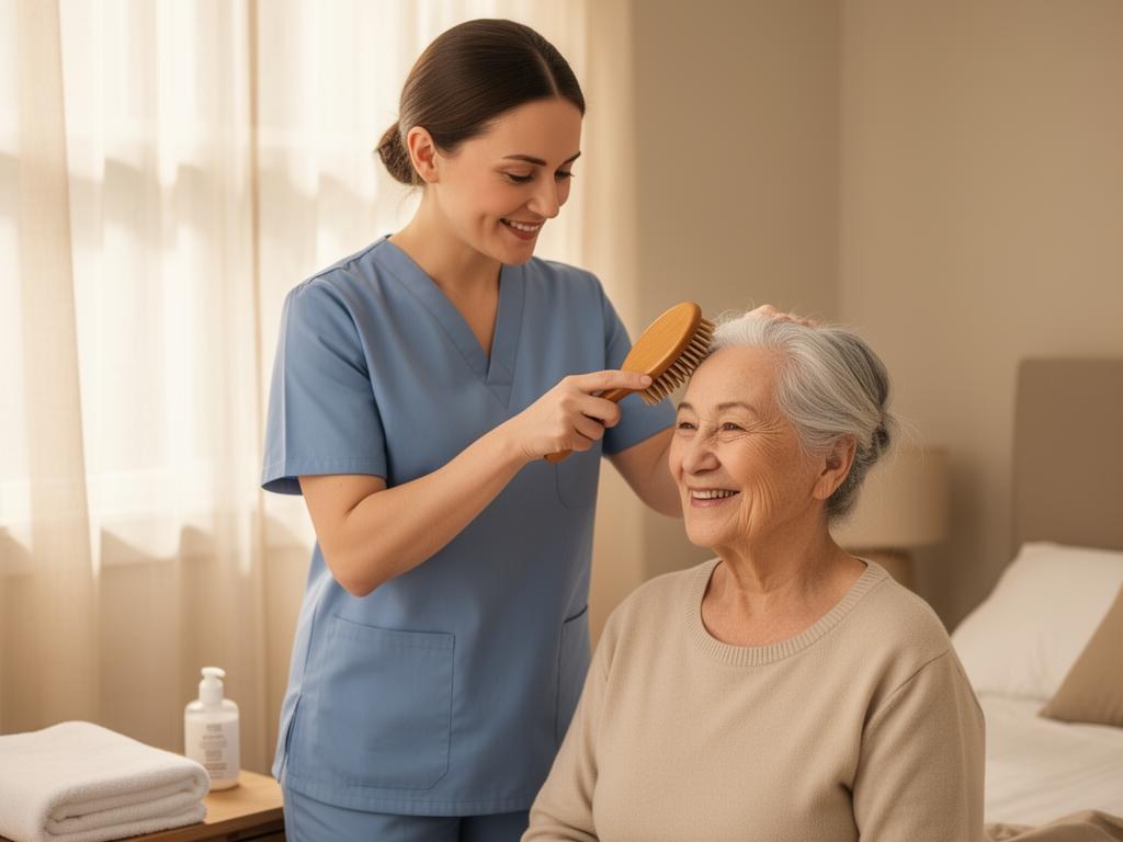 Home health aide in scrubs warmly assisting a smiling elderly man with personal care in a sunlit room