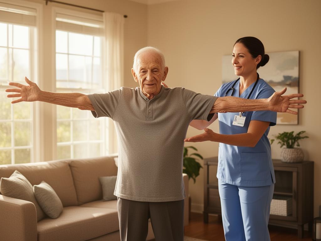 Therapist coaching an elderly man with Parkinson's through large LSVT BIG arm-reaching movements