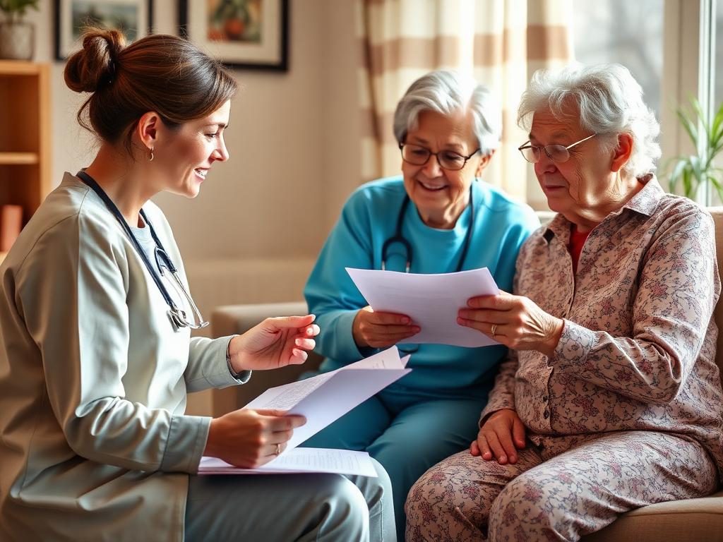 Medical social worker reviewing paperwork with a senior patient and her family member on a living-room couch