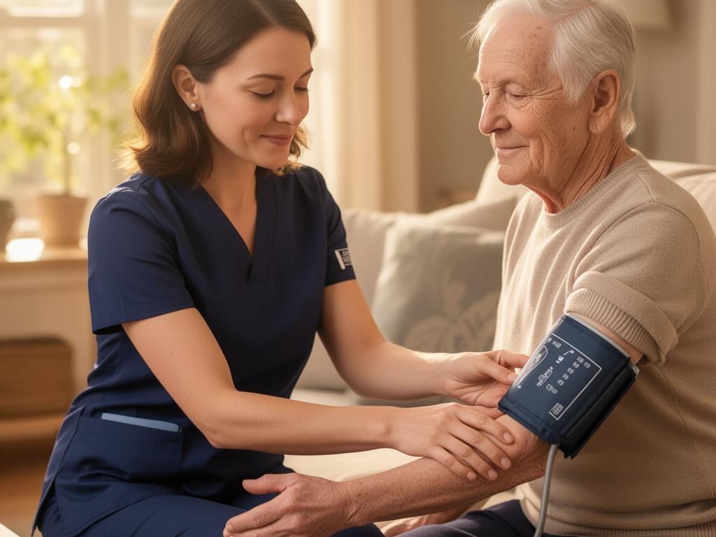 Registered nurse in blue scrubs taking a senior patient's blood pressure during an in-home visit
