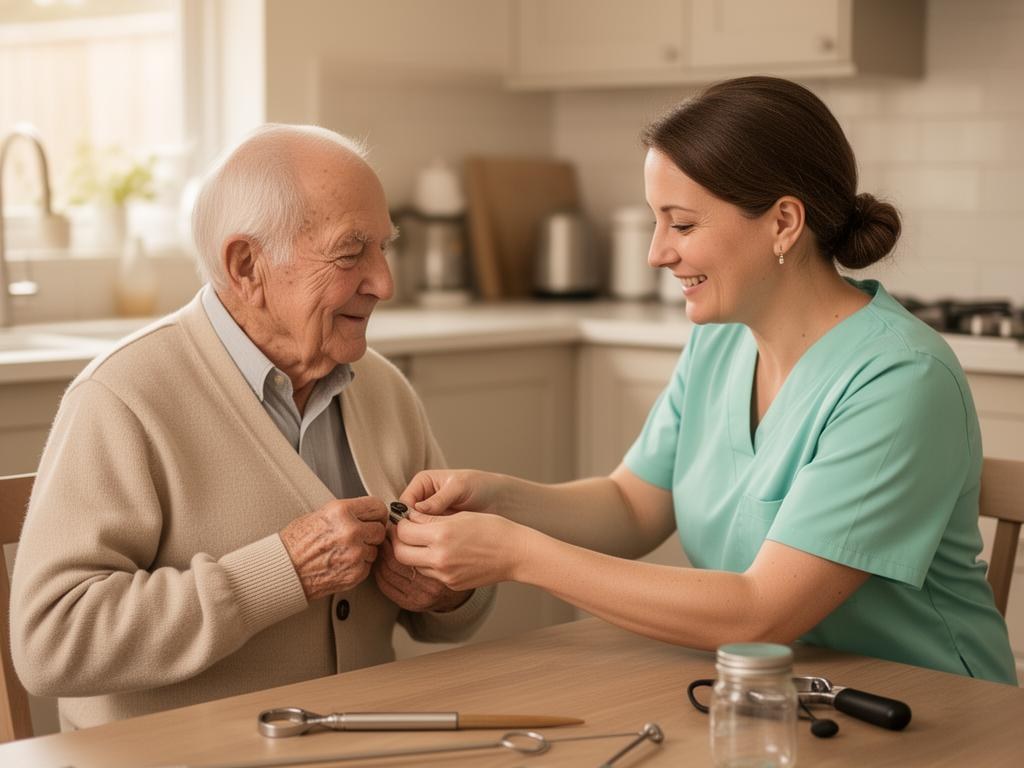 Occupational therapist helping a senior woman practice buttoning a shirt in a bright kitchen