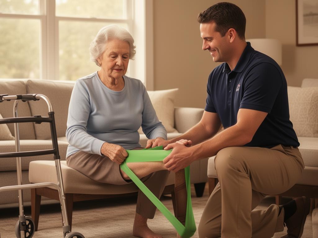 Two physical therapists guiding a senior woman through a seated leg-strengthening exercise with a resistance band in a sunlit room