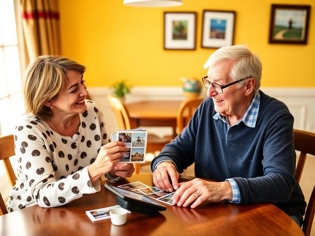 Speech-language therapist showing picture cards to an elderly man at a dining table