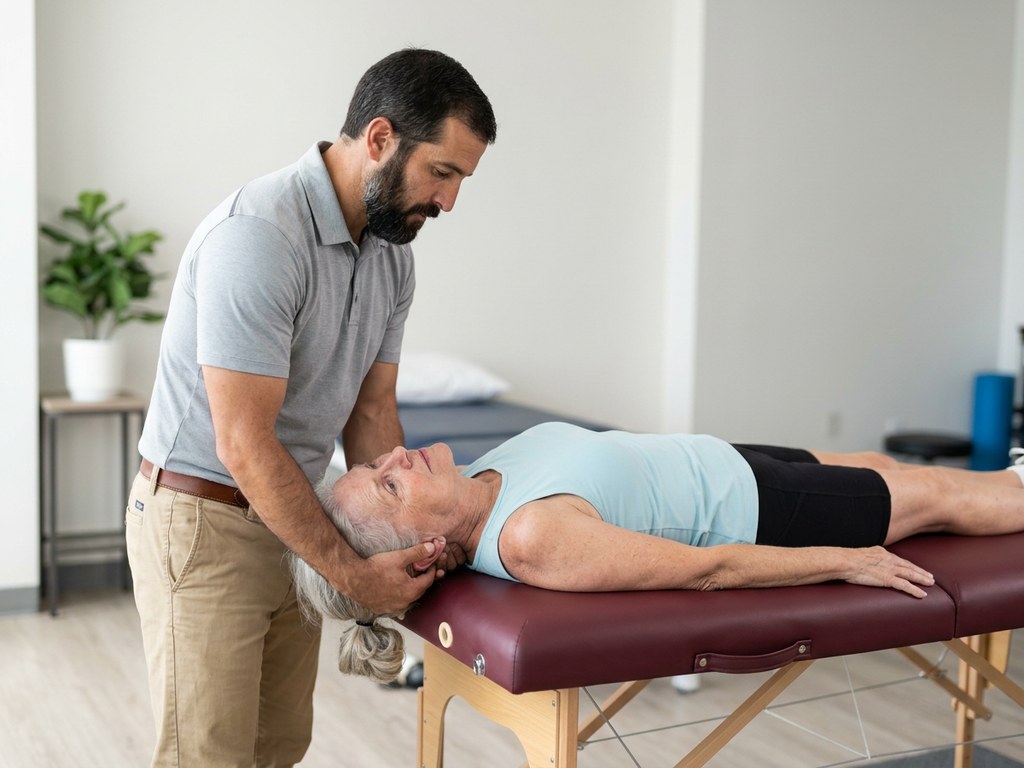 Therapist guiding an elderly patient through gaze stabilization exercises at home