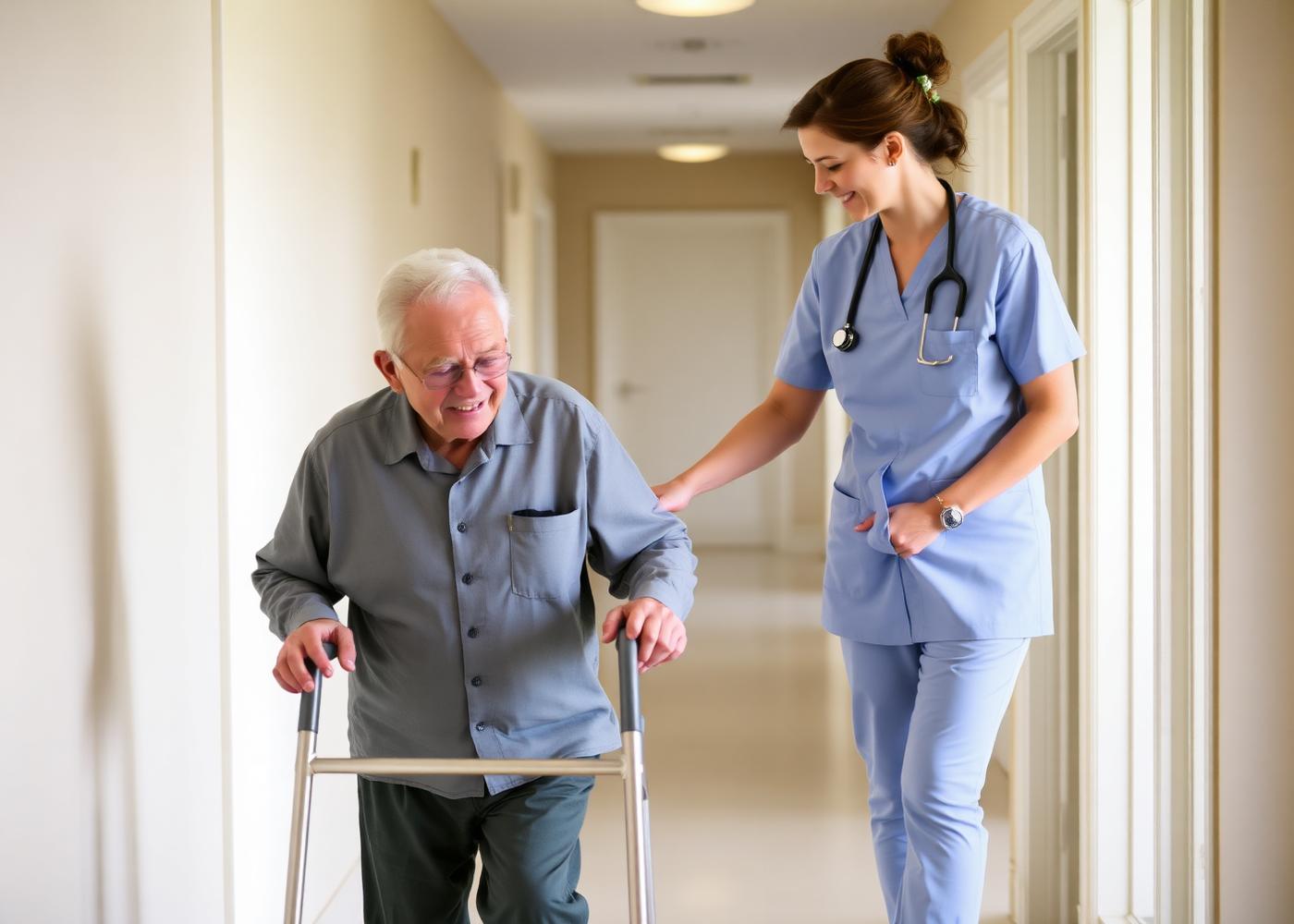 Physical therapist helping a senior walk safely